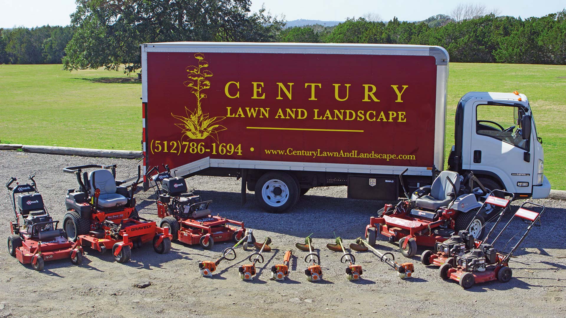 Century Lawn and Landscape work truck and equipment in Austin, TX.