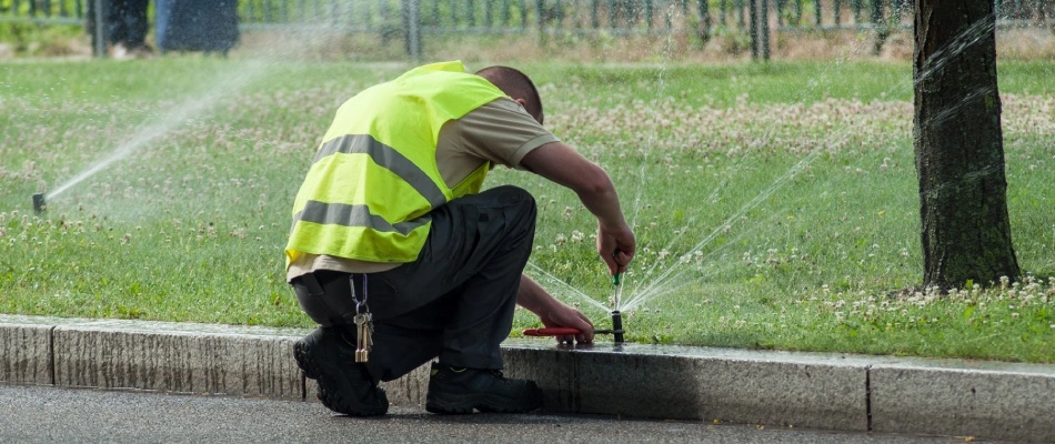 Irrigation specialist adjusting sprinkler head in lawn in Buda, TX.
